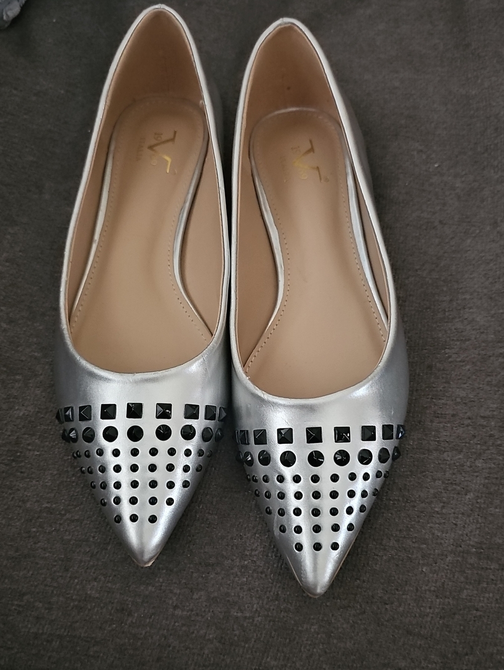 Versace 19V69 Silver Pointed Toe Studded Ballet Flats